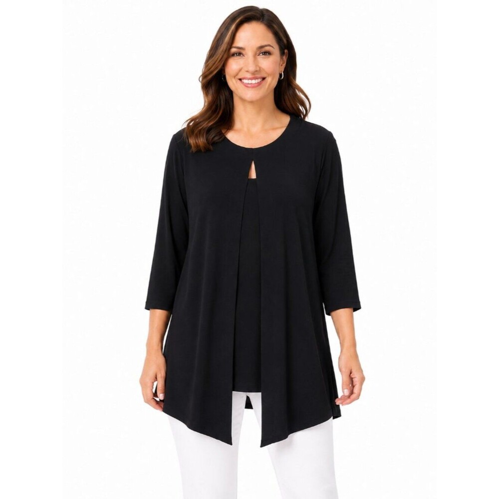 Susan Graver Everyday Black Liquid Knit Faux Two Piece Long Line Tunic Size LP
